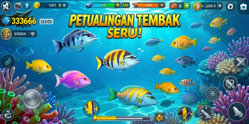 Gameplay <strong>333666</strong> menampilkan pemain menembak ikan dengan senjata beragam.