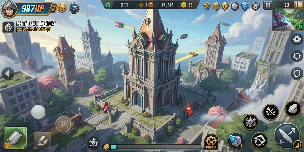 Screenshot 987UP yang menunjukkan strategi menara dalam pertahanan.