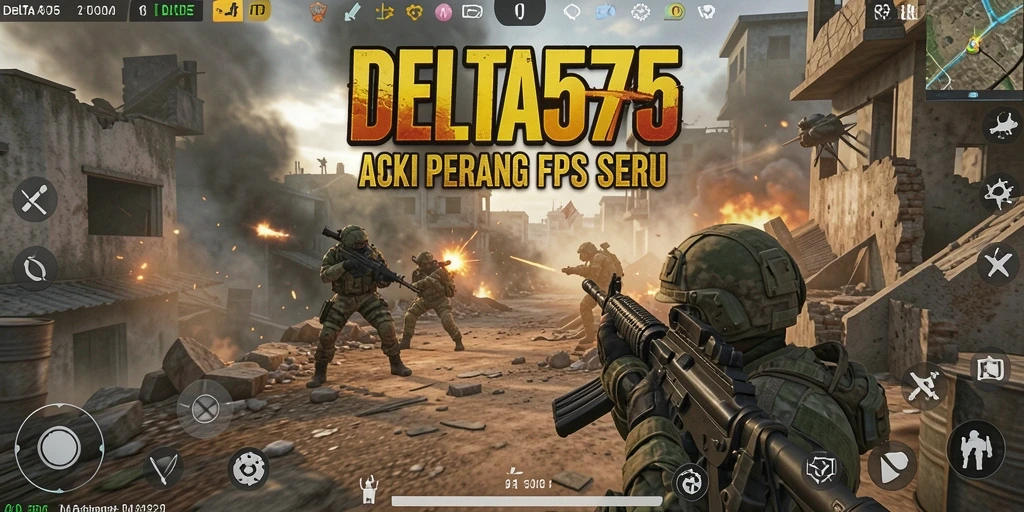 Tangkapan layar gameplay DELTA575 menampilkan aksi pertempuran FPS yang seru.
