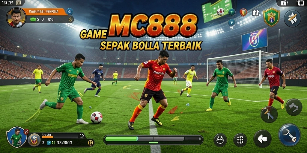 Screenshot gameplay MC888 yang menampilkan aksi seru sepak bola.